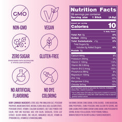 TREVI Berry Lemonade ingredients label highlighting vegan and zero sugar features.