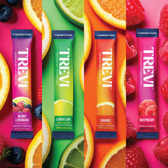 TREVI Lemon Lime electrolyte packet stirred into water for refreshment