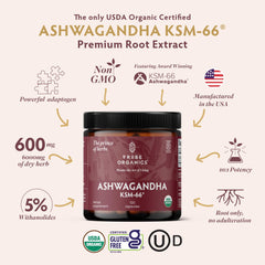 TRIBE ORGANICS Ashwagandha KSM-66 capsules label shows 5% withanolides for consistent potency.