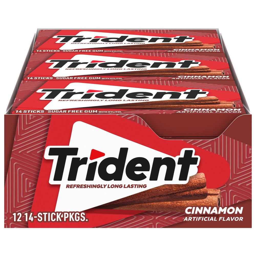 Trident Cinnamon Sugar Free Gum pack shows 12-pack display for on-the-go fresh breath