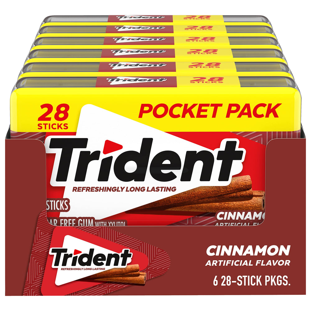 Trident Cinnamon Sugar Free Gum six-pack provides on-the-go fresh breath.