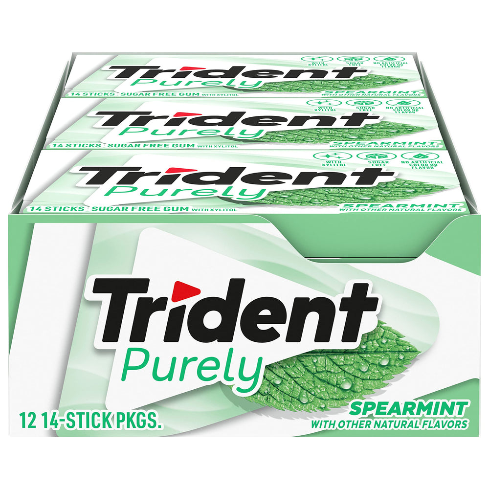 Trident Purely Spearmint gum 12-pack display emphasizes freshness on the go.
