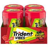 Trident Vibes Sour Patch Kids Redberry gum bottle front, portable sugar-free flavor on the go.