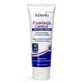 TriDerma Psoriasis Control Cream bottle close-up, visibly calming dry, irritated patches.