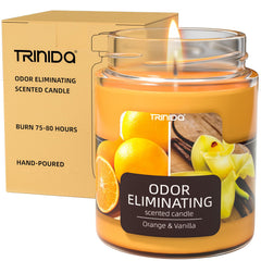 TRINIDa orange-vanilla odor eliminating candle packaging highlights premium eco-friendly design and fragrance promise.
