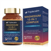 Triplecalm Magnesium 12in1 bottle front view, supporting daily muscle and sleep balance.