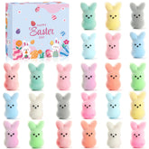 Trivolusia 24-piece Easter bunny figurines in a realistic fuzzy design, ideal for festive displays.