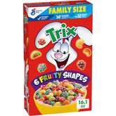 Trix box on kitchen counter showcasing colorful shapes for a quick family breakfast.