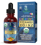 Tropical Oasis vitamin D3 K2 drops for kids bottle supports calcium absorption.