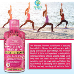 Tropical Oasis Women’s Premium Multivitamin ingredients label highlighting 110+ ingredients.