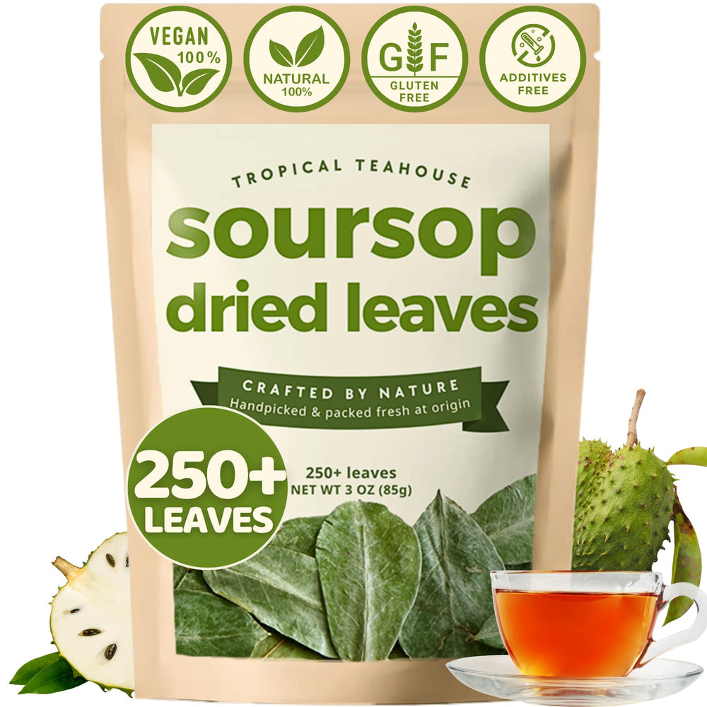 Tropical Teahouse Soursop leaves in kraft packaging for fresh, pure quality.