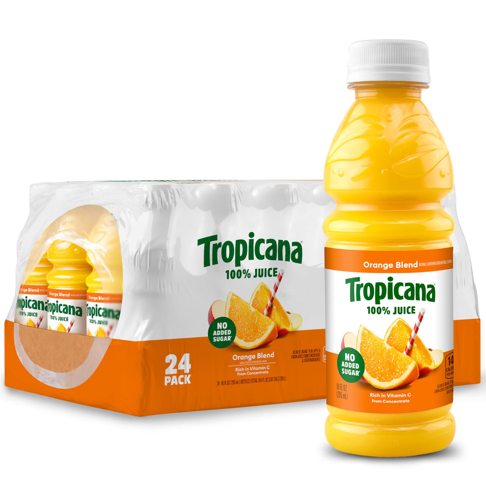 Tropicana Orange Blend 10 oz bottle showing real fruit flavor