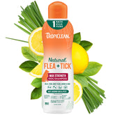 TropiClean max strength shampoo for dogs being poured, ready for a refreshing bath.