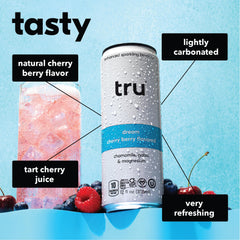Tru Calming Drink real-fruit-juice closeup highlights cherry-berry flavor and calories.
