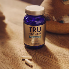 TRU NIAGEN PRO capsules close-up emphasizing easy daily dosing.