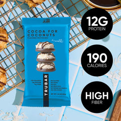 TRUBAR Cocoa For Coconuts nutrition facts showcase 12g protein and 12g fiber.
