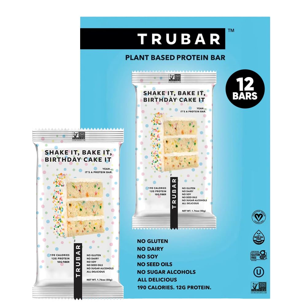 TRUBAR Shake it Bake it Birthday Cake it bar packaging shows a ready-to-eat vegan protein snack.