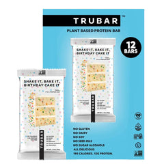 TRUBAR Shake it Bake it Birthday Cake it bar packaging shows a ready-to-eat vegan protein snack.
