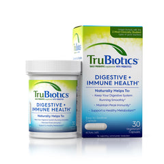 TruBiotics bottle front showing capsules for daily digestive and immune support.