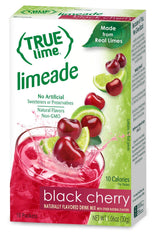 True Citrus black cherry limeade packet adding fruity flavor to water.