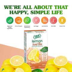 Close-up of True Lemon mix with nutrition and caffeine notes.