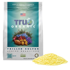 True Organic Prilled Sulfur bottle closeup for soil pH balancing