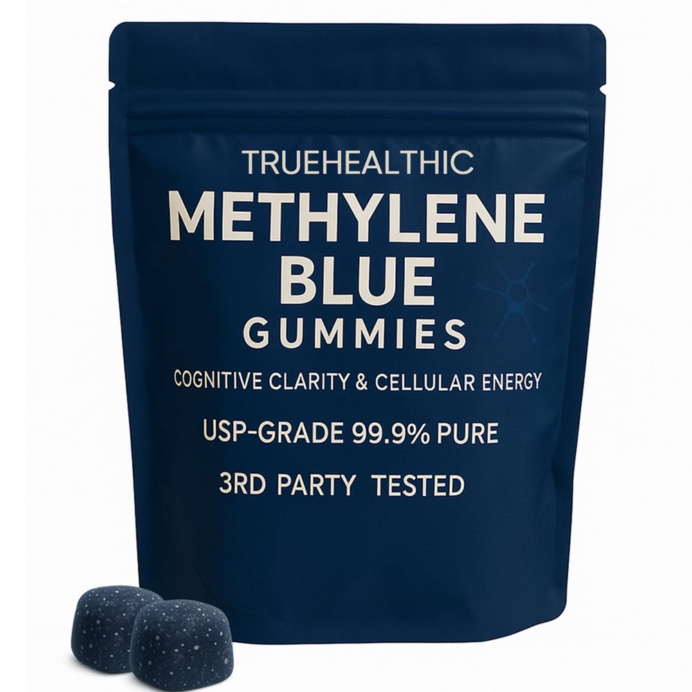 TRUEHEALTHIC Methylene Blue Gummies pack shot; convenient daily, clean-label vegan.