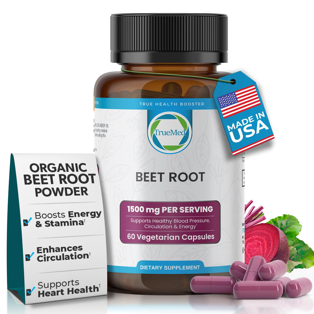 TrueMed Organic Beetroot Capsules bottle on counter suggesting daily circulation support