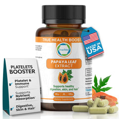 TRUEMED papaya leaf extract 500mg capsule close-up highlighting immune support.
