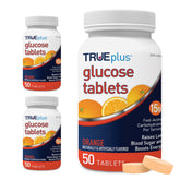 TRUEplus glucose tablets orange bottle front showing quick energy access