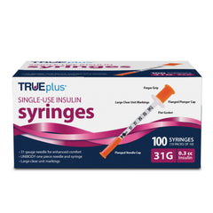 TRUEplus insulin syringes in a 100-count box for easy stocking and dispensing.
