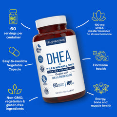 Truevantage DHEA capsules shown for easy daily routine and mood support.