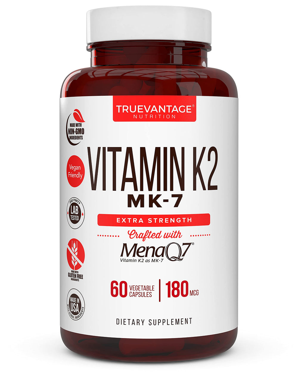 Truevantage Vitamin K2 MK7 180mcg bottle with label supporting heart and bone health