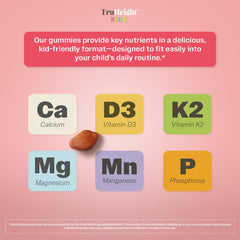 TruHeight bottle label closeup communicates calcium and vitamin D3 K2 blend for bone health.