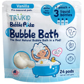 TruKid Bubble Podz dissolving in water to create gentle bubbles.