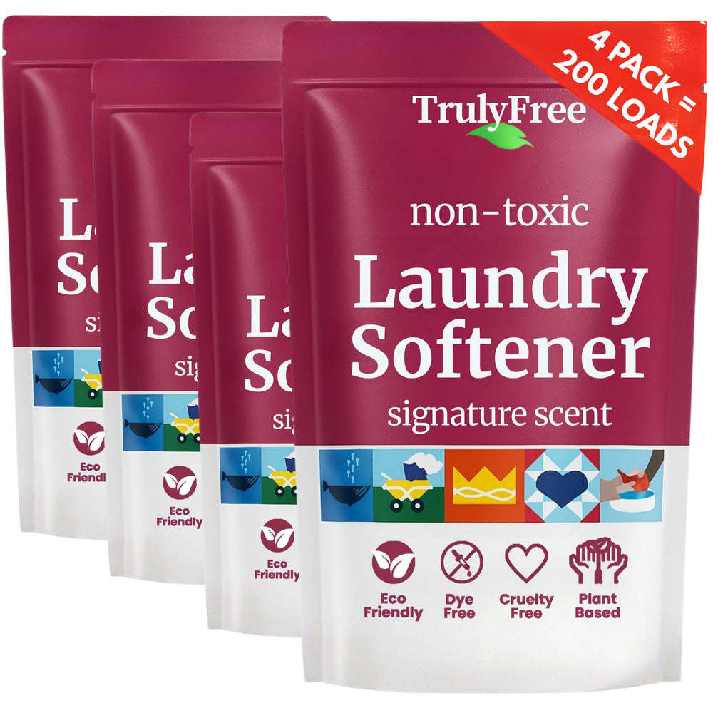 Truly Free bottle pour demonstrates gentle fabric conditioning for baby-friendly laundry
