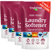 Truly Free bottle pour demonstrates gentle fabric conditioning for baby-friendly laundry