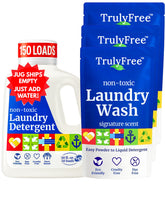 Truly Free detergent pour bottle for easy dosing and gentle cleaning.