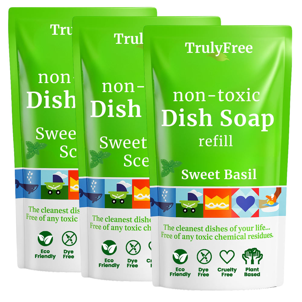 Truly Free bottle pours with Sweet Basil scent for non-toxic cleaning.