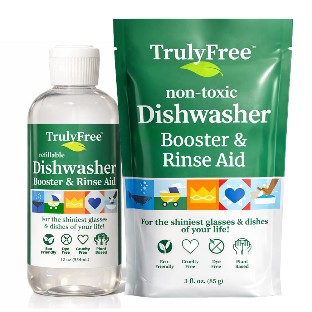 Truly Free dishwasher booster bottle shown for eco-friendly refillable cleaning.