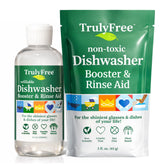 Truly Free dishwasher booster bottle shown for eco-friendly refillable cleaning.