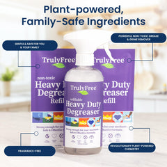 Truly Free Heavy Duty Degreaser stovetop clean demonstrates fast residue removal.
