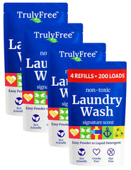Truly Free powder-to-liquid detergent mixed in a reusable bottle for sensitive-skin laundry.