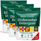 Truly Free dishwasher detergent powder packaging highlights plastic-free design for eco-conscious kitchens.