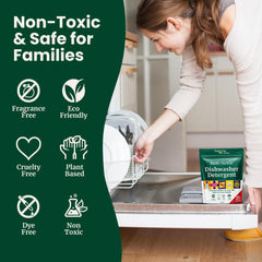 Truly Free powder reduces hard water streaks on glassware.