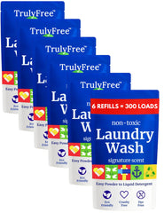 Truly Free refill powder to liquid setup for gentle laundry results.