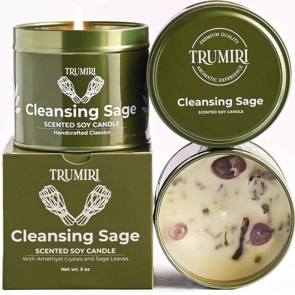 TRUMIRI Sage Candle 5oz glows softly to cleanse spaces and promote calm.