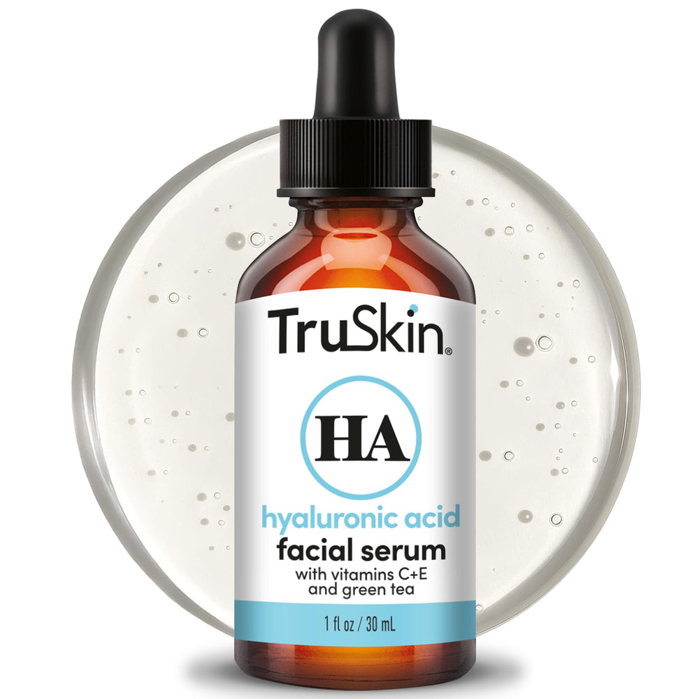TruSkin Hyaluronic Serum bottle close-up showing hydration-focused formula.
