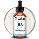 TruSkin Hyaluronic Serum bottle close-up showing hydration-focused formula.