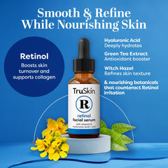 TruSkin retinol serum dropper dispensing drops on clean skin.